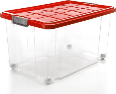 BigDean 4-Piece 60L Storage Box with Lid Large Steel - Stackable, Robust Box, BPA-Free - Rollable Stack Box with Secure Click Closures - Made in Germany (Red Transparent)
