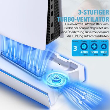 Підставка для PS5 Slim/Pro з зарядною станцією для контролера, RGB підсвічуванням, вентилятором, тримачем для навушників та USB хабом (чорний/білий)