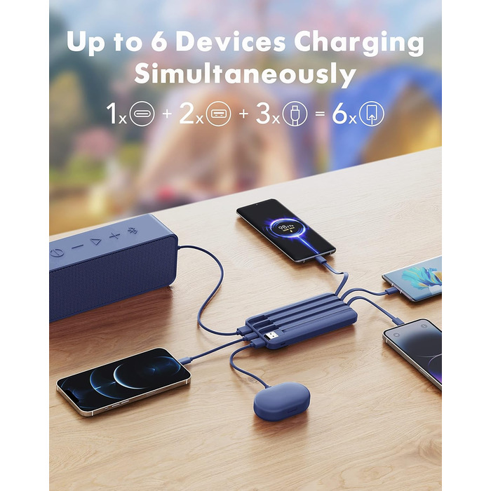 Power Bank Charmast 10000mAh з 6 виходами, USB-C, LED-дисплеєм, 4 кабелями, блакитний