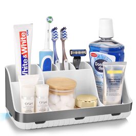 Тримач для зубних щіток у ванну кімнату: органайзер для електричної та звичайної зубної щітки, дозатор для пасти, 7 відділень, срібляста поверхня