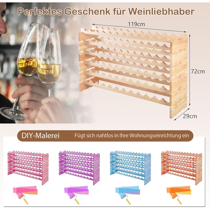 GIANTEX Stackable Wine Rack, Wooden Bottle Rack for 72 Bottles, Wine Cabinet Wine Stand with 6 Tiers, Modular Bottle Holder for Kitchen Bar, Wooden Shelf 119 x 29 x 72 cm, Natural Wood Color
