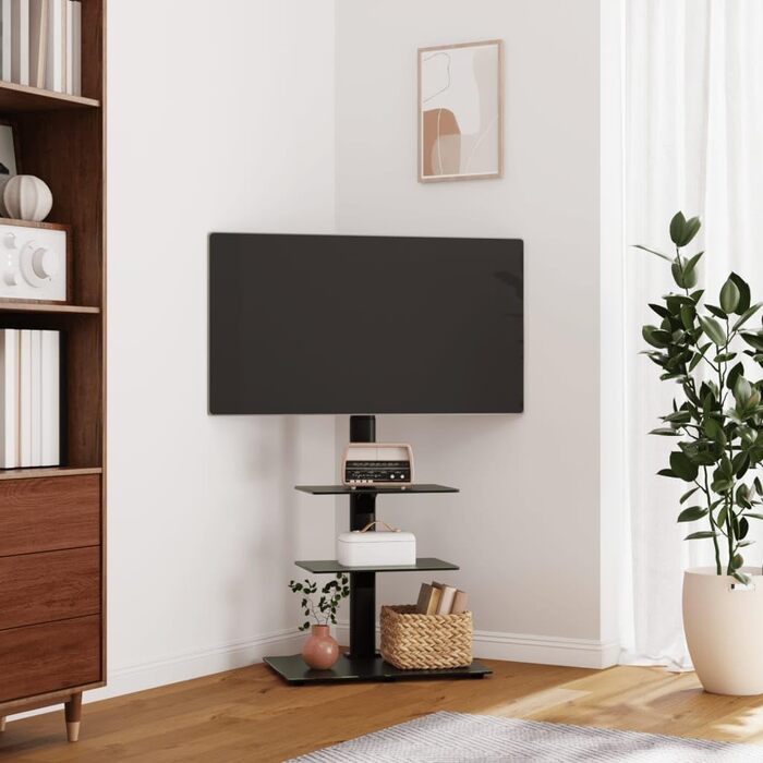 Тумба TV для телевізора 32-65 дюймів з 3 ящиками, поворотна, чорний сталь та скло