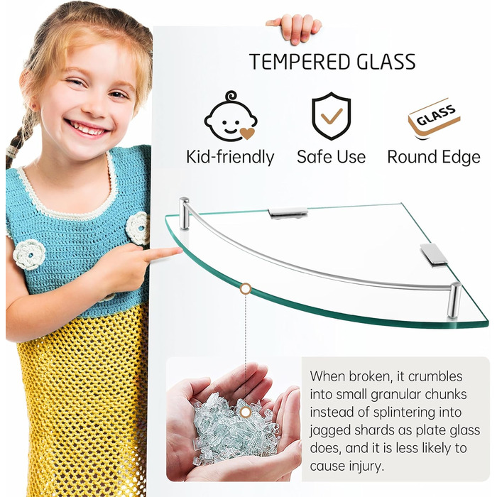 Скляна поличка для душу/ванної кімнати KES, скляна поличка для душу, поличка для ванної кімнати, нержавіюча сталь SUS304, BGS101A--P, щітка, 2 шт.