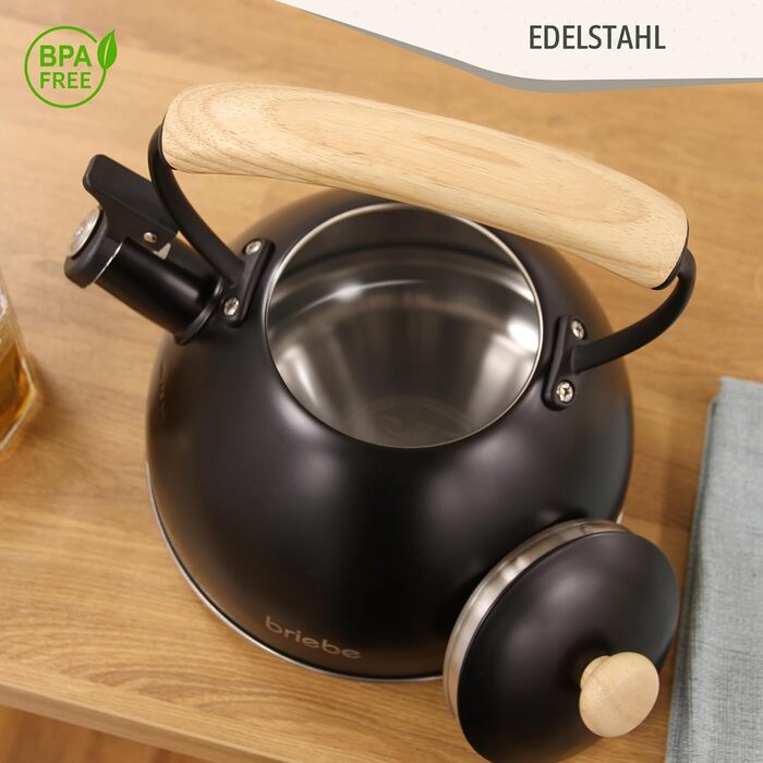 Чайник електричний Nordic Wasserkessel Induktion 2.3L, з свистком, з нержавіючої сталі, ретро дизайн, для всіх типів плит (склокераміка, газ, електро), з дерев'яною ручкою Cool-Touch, для чаю та кави, чорний