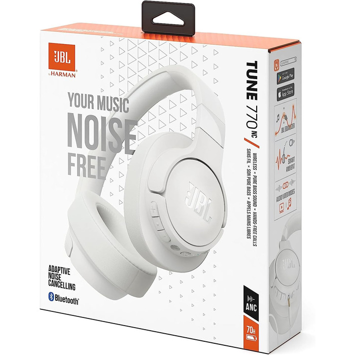 Навушники JBL Tune 770 NC – Бездротові, з активним шумозаглушенням, складні, до 70 годин роботи, швидка зарядка, білі