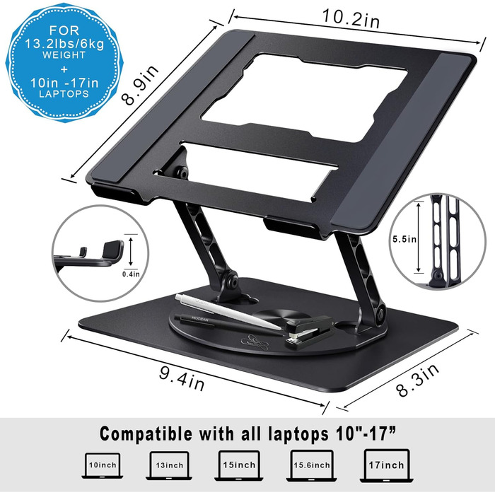 DUCHY Adjustable 360° Swivel Laptop Stand - Ergonomic, Portable, 10kg Capacity, Compatible with MacBook Air/Pro & 17-inch Laptops - New Black