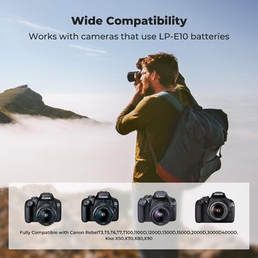 Набір акумуляторів K&F CONCEPT LP-E10 (3 шт.) з LCD-зарядним пристроєм для Canon EOS Rebel T7, T6, T5, T100, Kiss X50, X70, X80, X90, 1100D, 1200D, 1300D, 1500D, 2000D