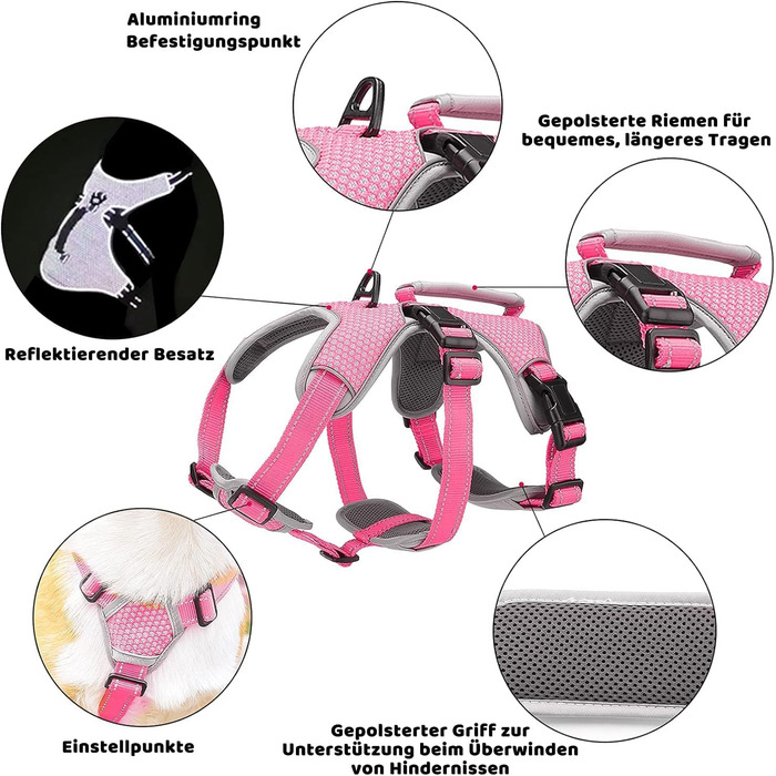 Шлейка для собак BELPRO, багатоцільова, антизламання, без тяги, світловідбиваюча, регульована, з міцною ручкою, для великих/активних собак (L) (1 шт, Рожевий)