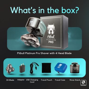 Skull Shaver Pitbull Platinum Pro - Електрична бритва для гоління голови чоловіча, бездротова, водонепроникна, з підставкою для промивання та кейсом для подорожей + запасне лезо (2024)
