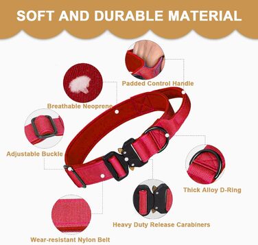 Тактичне нашийник для собак з ручкою, великий, зелений. Міцний, регульований, з металевою застібкою. Нашийник з нейлону з неопреновою підкладкою. XL, червоний