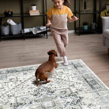 OMERAI Rug Living Room - Large Rug 200X290CM Rug Cyan Oriental Style, Short Pile Carpet - Washable in Washing Machine Boho Vintage Rug Cyan 200 x 290 cm