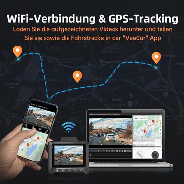 Відеореєстратор Auto Dashcam 4K+1080P з GPS, WiFi, паркуванням, подвійний об'єктив, 32GB карта пам'яті, 170° кут огляду, Super нічне бачення, G-сенсор, циклічна запис, керування через APP, Max 256GB, чорний