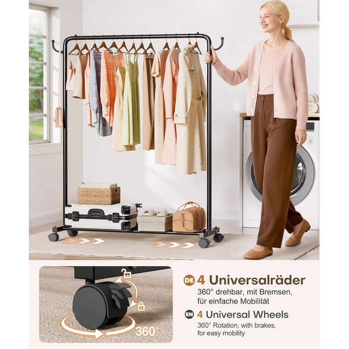 Міцний вішак для одягу на коліщатках Yorbay: металева стійка з полицею для багажу - компактна шафа для спальні, пральні, магазину (чорний, 117 см)