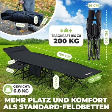 NORDICTRAILS Кемпінгове ліжко NORDICTRAILS - розкладне, XXL, зручне | Для відпочинку на природі, як гостьове ліжко, для риболовлі | З суперм'яким матрацом (без матрацу, чорне)