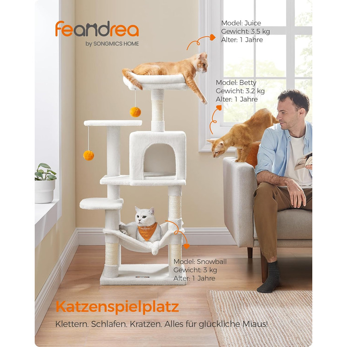 Дім-кімната для котів Feandrea, 112 см, з 4 стовпчиками для дряпання, 2 платформами, гамаком, печерею, кремовий PCT261T01 M (45 x 35 x 112 см)