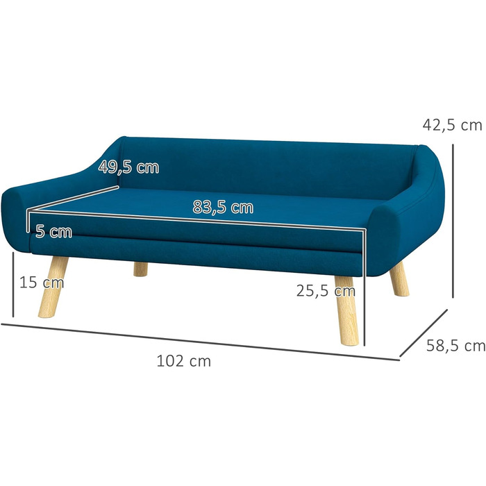 Диван для собак та котів PawHut, блакитний, 102x58,5x42,5 см, з м'яким знімним кріслом, дизайн у скандинавському стилі
