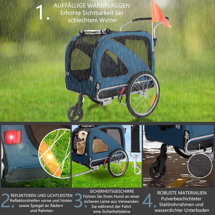 Причіп для собак XL для велосипеда та візка 2-в-1 з гальмом та світловідбивачами, міцний матеріал 600D Oxford, вантажопідйомність до 40 кг (Блакитний)