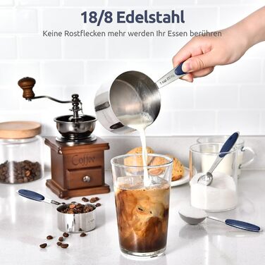 Набір мірних стаканів і ложок U-Taste з нержавіючої сталі 18/8, 10 предметів, посилена ручка, американський стандарт, колір нічний синій