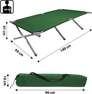 BB Sport Кемпінгове ліжко складане, 190x64x41 см, сталеве, 180 кг, з сумкою, зелене