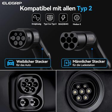 Кабель зарядки для електромобіля Typ 2 (22kW, 32A, 5м) 3-фазний, з сумкою, сумісний з Tesla, VW ID.3/4, e-Golf та іншими EV