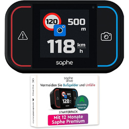 Радар-детектор Saphe Drive Pro для авто з кольоровим дисплеєм, сумісний з CarPlay та Android Auto, сповіщення про радари і небезпеки, дані Blitzer.de, підписка на 12 місяців