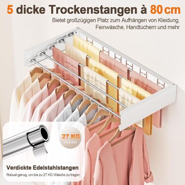 Настінна розкладна сушарка для білизни, компактна сушарка для рушників, висувна з шаблоном для свердління (6 сушарок, білий, 100 см), білий (білий, 80 см)