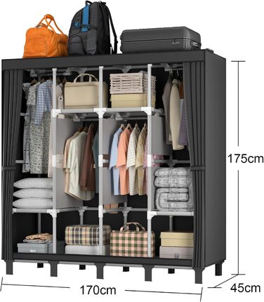 LOEFME Wardrobe 170 * 175 * 45cm, Fabric Wardrobe for Bedroom, Clothes Wardrobe Fabric, Fabric Clothes Wardrobe with 2 Hanging Rails (Black)