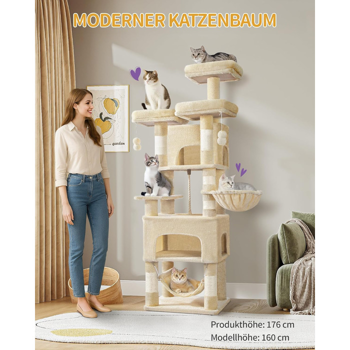 Кігтеточка для котів Hzuaneri 176 см, XL, 3 платформи, 2 печери, 7 стовпчиків, гамак, плюшеві кульки, для багатокотових домівок, MS17618SG (Бежевий)