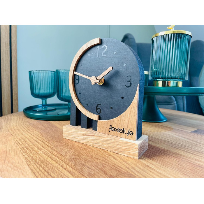 FLEXISTYLE Modern Stand Clock Small Wood Oak Living Room Bathroom (Style 3), Black/Oak, Black