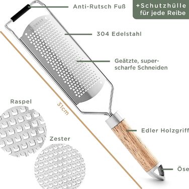 WALDWERK Cheese Grater (2-Piece Set) - Parmesan Grater with Design Wooden Handle - Stainless Steel Zester Grater with Etched Blades - Grater also Suitable as Nutmeg Grater, Lemon Grater, Ginger Grater