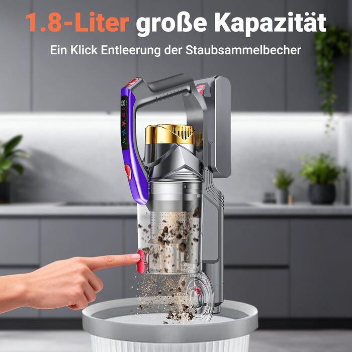 Бездротовий акумуляторний пилосос 58KPa/550W з LED-дисплеєм та антизаплутана щітка, 1.8L, для тварин, килимів, твердих поверхонь та авто, сірий & золотий