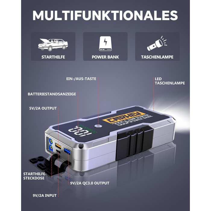 CARHEV 7000A Пусковий пристрій (Powerbank) для автомобіля 12V, для бензину/дизеля, з QC 3.0 USB, LED