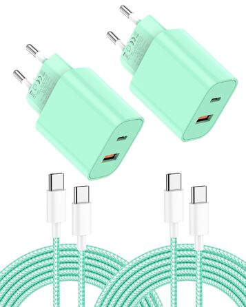 Зарядний пристрій 2 в 1 USB-C 20W з кабелем 2м для iPhone/Samsung/iPad (2 шт., блакитний/зелений)