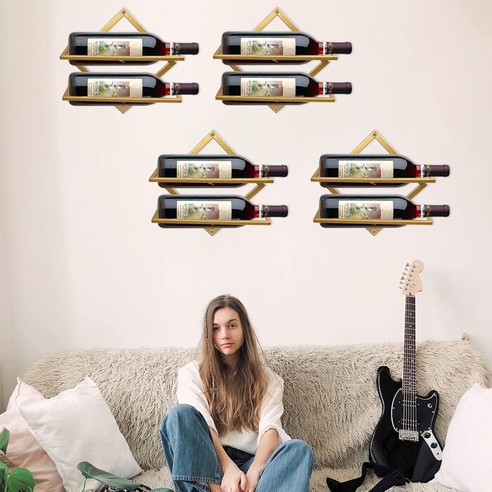 2pcs Metal Wall Mounted Wine Rack Stemware Glass Rack, Foldable Wall Hanging Red Wine Shelf Organizer with 3 Stem Glass Holders, Black Wine Bottle Hanger for Home Kitchen Bar Wall Decor (Gold Aa)