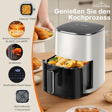 Фритюрниця Sweetcrispy Airfryer 6L з вікном, 12-в-1, сенсорний екран, антипригарний кошик, для 3-6 осіб (Бежева)