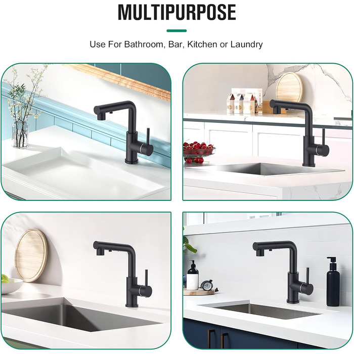 Кухонний змішувач CREA з 3 функціями: душ, висувний вилив, поворот 360°. Матовий чорний, для кухні.