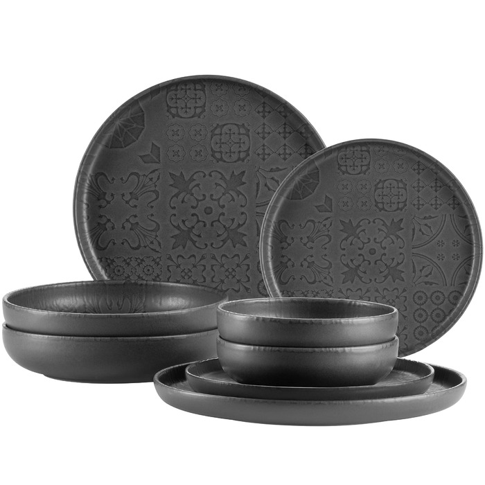 MÄSER Серія Tiles Vintage - посуд для 4 осіб у мавританському стилі, 12 предметів, чорний керамічний сервіз (комбінований)