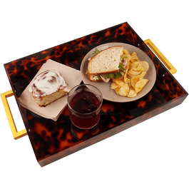 Acrylic Serving Tray with Golden Handles, 40.6 x 30.5 x 5.1 cm Decorative Tray for Table, Food, Drinks Serving Platter for Countertop, Kitchen, Bathroom, Party, Serving Tray (Tortoiseshell)