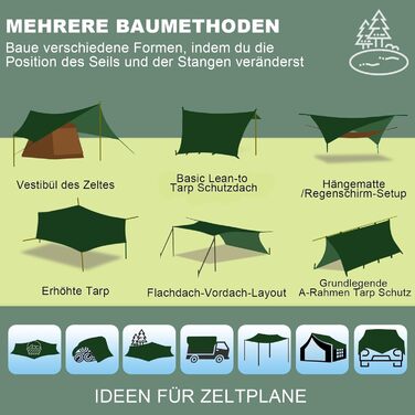 Водонепроникна тента Tarp 3.7 x 4.3 м з підтримкою, ультралегка, з отворами, штирями, нейлоновою мотузкою, захист від УФ та дощу, для наметів, гамаків, подвір'я, сонцезахисту на пляжі (зелена)