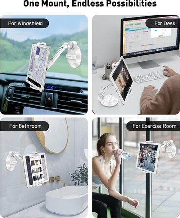 Підставка для планшету та смартфона AboveTEK з присосками, 360° обертання, для iPad/Android (4-11 дюймів), авто/дім/офіс, білий