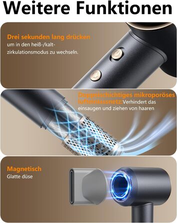 Іонський фен Föhn 200 мільйонів іонів, швидкий сушар для волосся 110 000 об/хв, компактний фен для подорожей, дому, салону. 3 температурні режими та 2 швидкості, концентрат. Сірий колір