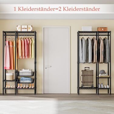 Важкий металевий вішак для одягу, розширюваний відкритий шафа для одягу з 2 висувними кошиками, (249-297) x 40 x 192 см (Чорний)