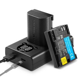 Зарядний пристрій ENEGON LP-E6NH 20W Dual з 2x акумуляторами 3000mAh для Canon EOS 5D, 6D, 7D, 60D, 70D, 80D, 90D, XC10, XC15, R, R5, R6, R7 - LCD дисплей