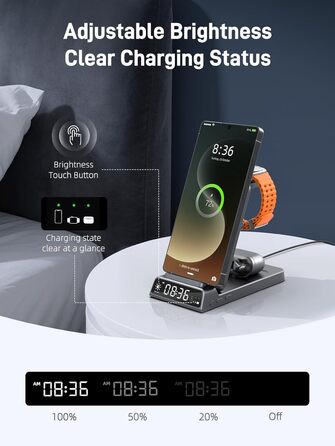 Бездротова зарядка для Samsung з годинником: станція для Galaxy S25 Ultra/S24/Z Fold 6/Flip 7/Bud, Watch, Galaxy Watch 8/7/6/5Pro, 3 в 1, сірий