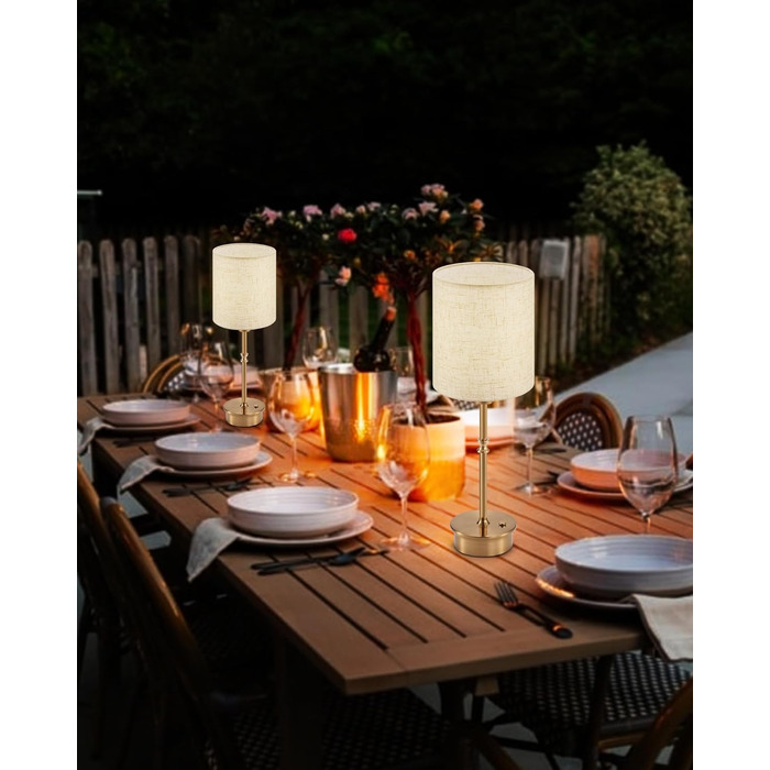 Нічна лампа OCEST на акумуляторі, сенсорне керування, регулювання яскравості, декоративне освітлення для дому, кухні, тераси, обіднього столу. Тканинний абажур кольору античне латунь, висота 41,5 см