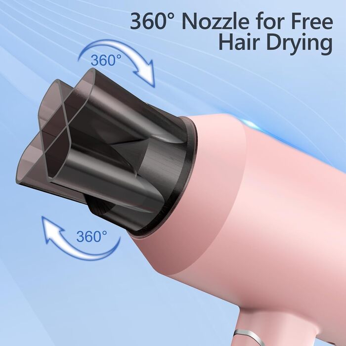 Фен іонний складний DEWILY Profi для подорожей, компактний, тихий, 3 режими нагріву, для сім'ї, сірий/рожевий (з насадкою)