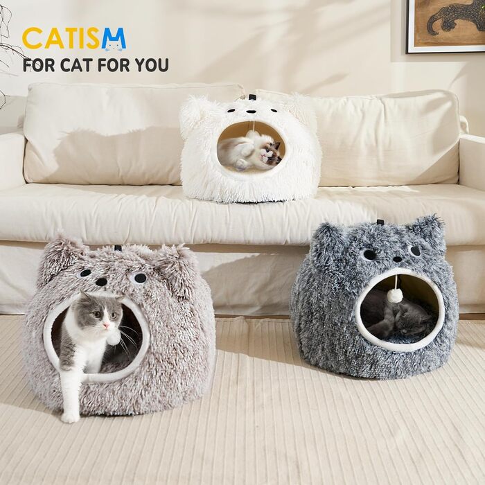 CATISM Cat Cave Cat Bed Washable Cat Sleeping Place for Cats Cute Monster Plush Pet Cat Head Pillow Cat House Cat Cushion Fluffy Kitten Puppy Snuggle Bed Pet Bed (Coffee)