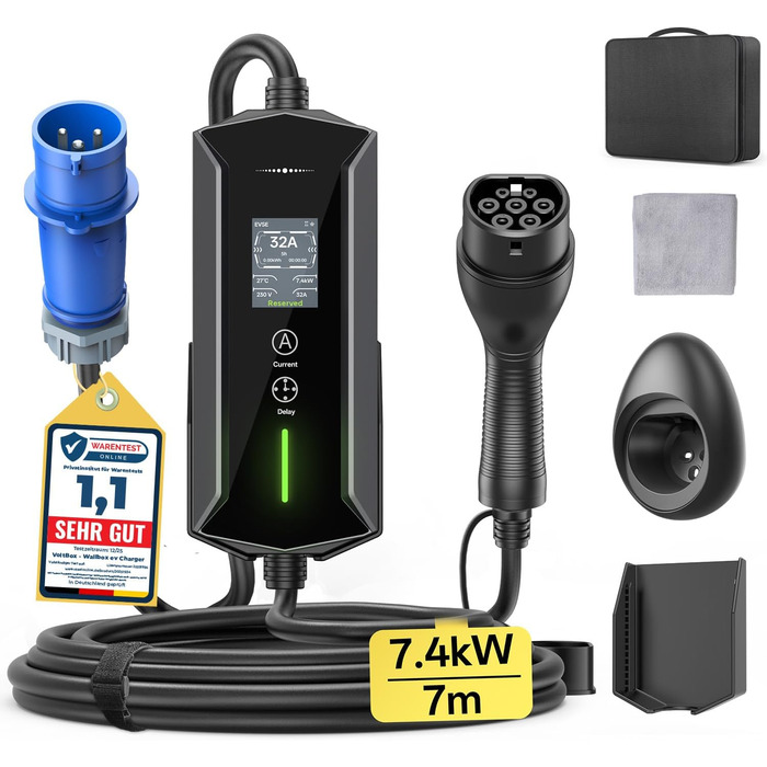 Портативний зарядний пристрій для електромобілів IEC 62196-2, 7,4 кВт, 7м, IP65, LCD, регулювання потужності та часу початку