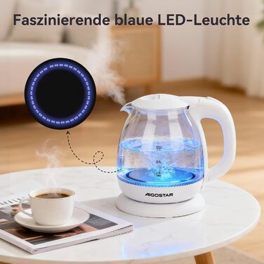 Електричний чайник Aigostar зі скла, 1 л, 2200W, LED-підсвічування, автоматичне відключення, захист від сухого кипіння, BPA Free, білий