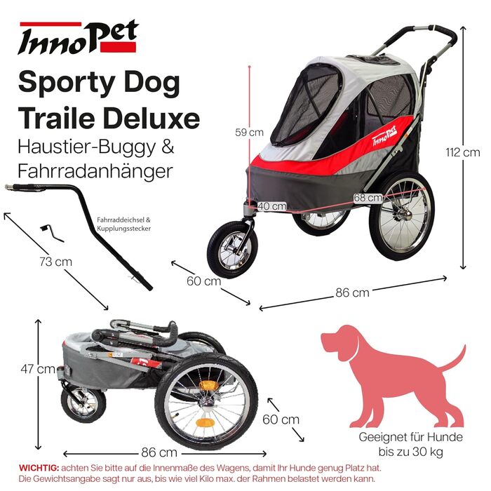 Innopet Sporty Dog Trailer Deluxe: Причіп для собак, велосипедний, червоно-білий - до 30 кг, з дощем.